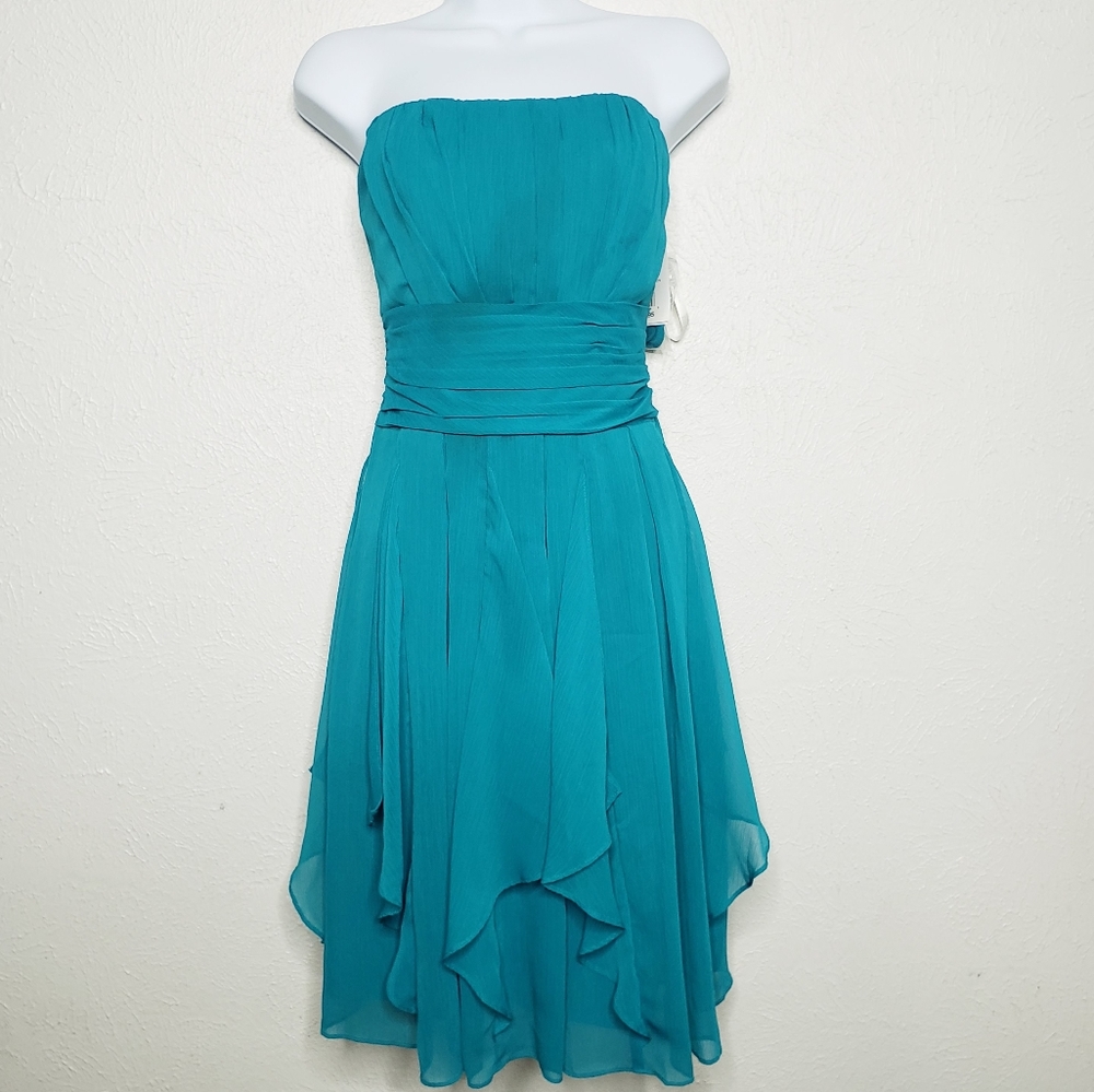 David's Bridal Oasis Teal tiered whimsical flowy short bridesmaid or  prom dress